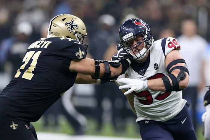 Sep 9, 2019; Houston defensive end J.J. Watt (99) is blocked by New Orleans Saints offensive tackle Ryan Ramczyk (71). Mandatory Credit: Chuck Cook-USA TODAY